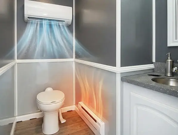Climate control air conditioning and heating in Pinnacle portable restroom trailer