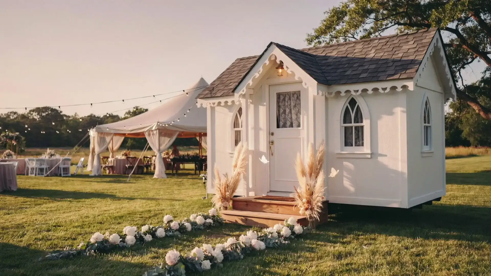 Luxury restroom trailer positioned at an outdoor wedding reception, illustrating event restroom capacity planning.