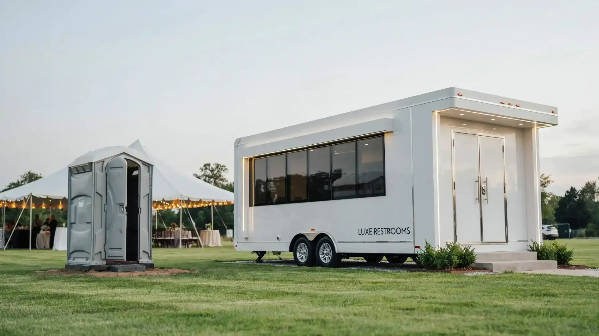 Luxury restroom trailer shown beside a standard porta potty, illustrating the difference in presentation and comfort.