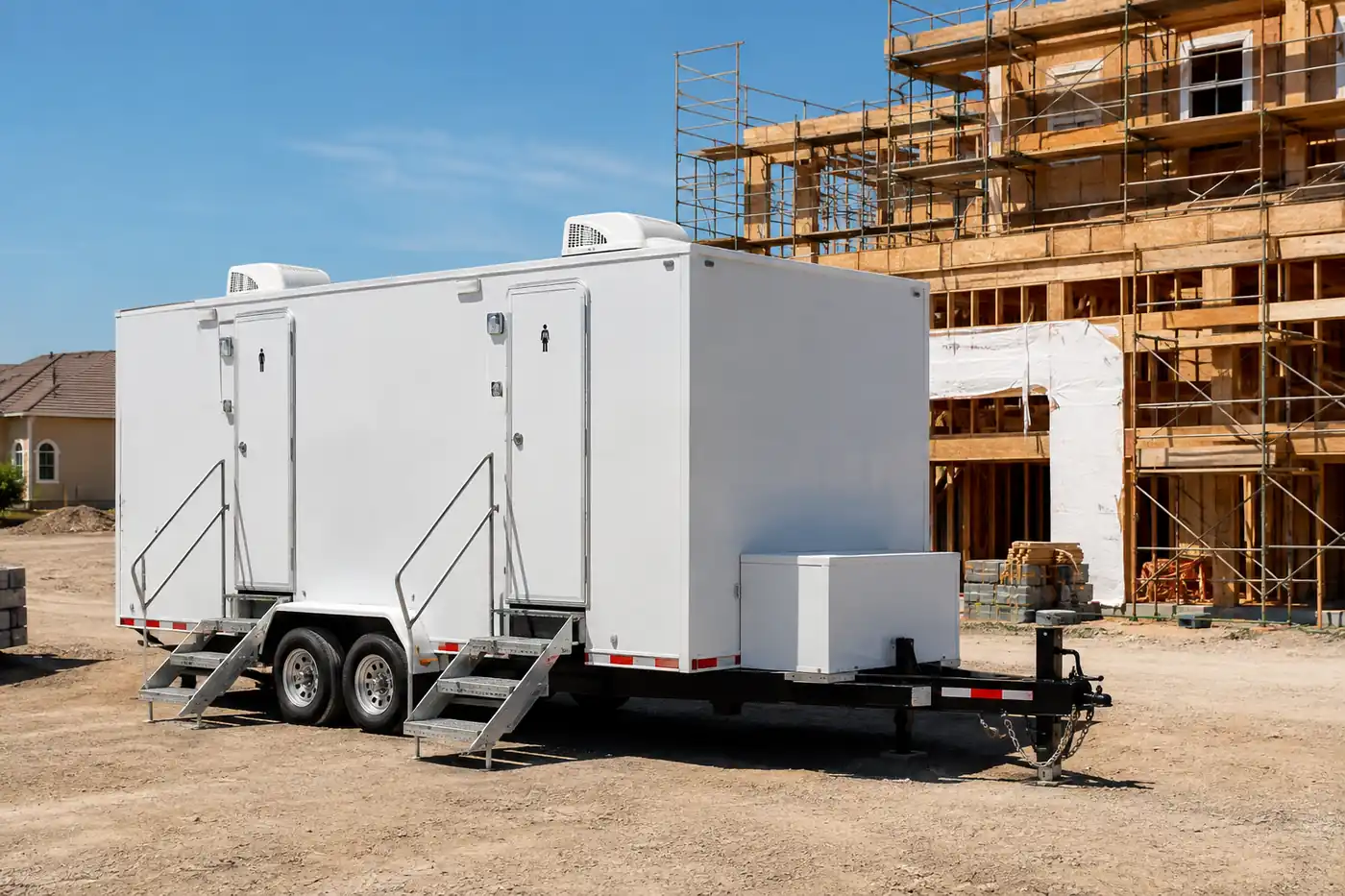 Commercial restroom trailer positioned at a South Carolina construction site for OSHA sanitation compliance.