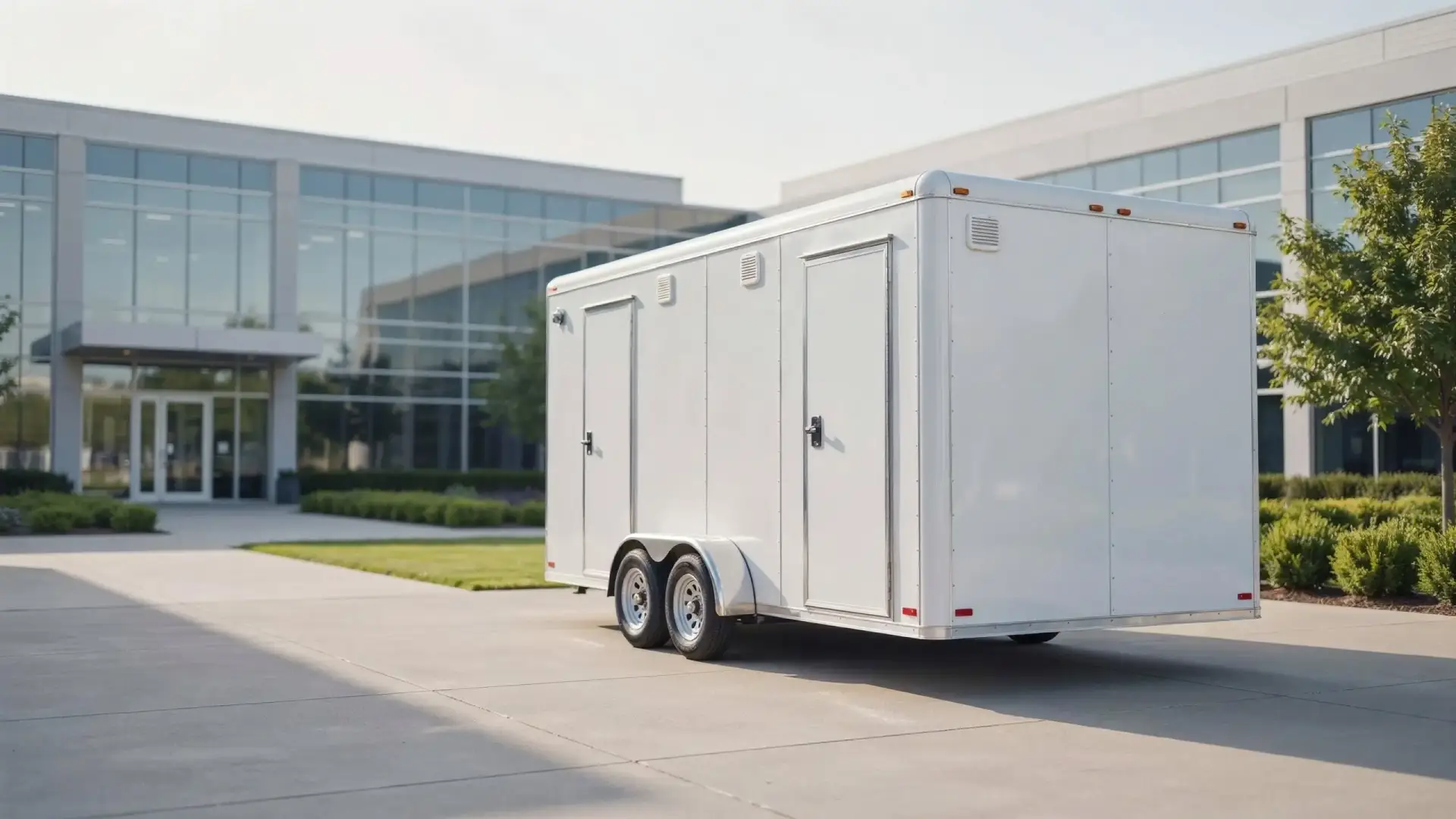 Portable restroom trailer set up outside a corporate office building for a company event.